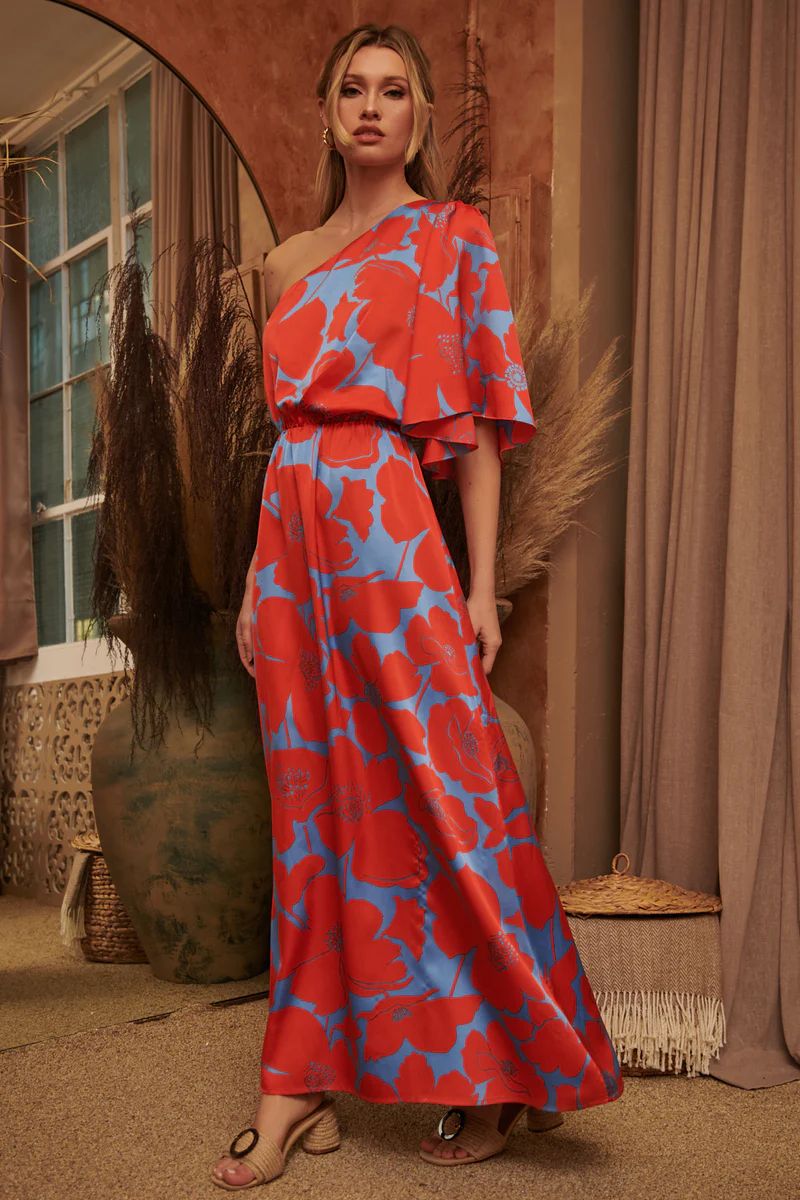 Poppy Floral Meara One Shoulder Satin Maxi Dress | Sugarlips
