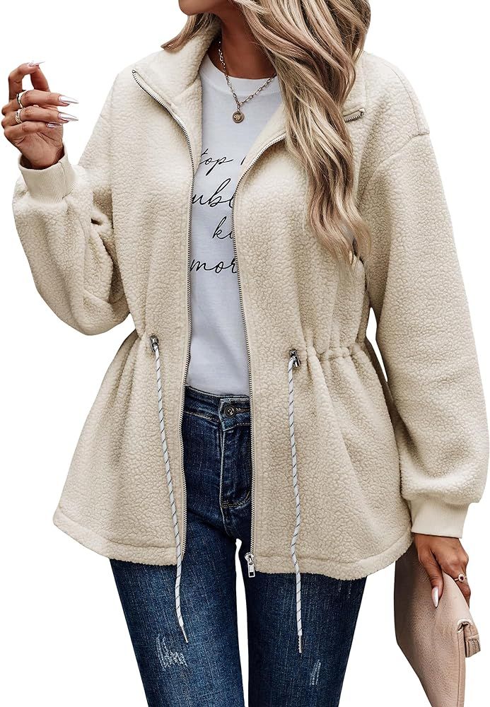 AOVDE Womens Sherpa Fleece Jacket - 2023 Fall Winter Casual Lapel Long Sleeve Full Zip Warm Fuzzy... | Amazon (US)