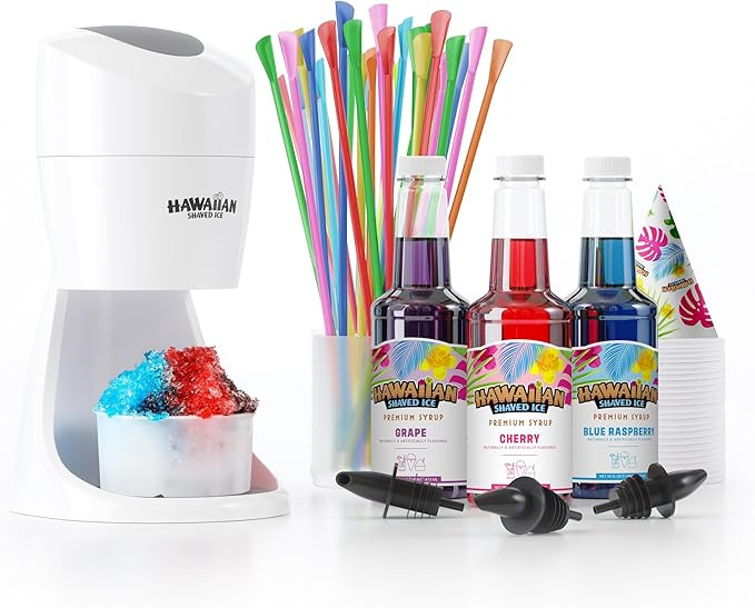 Hawaiian Shaved Ice Machine Kit - 3 Flavors, 25 Cups, Straws, Pourers, Ice Molds | Amazon (US)