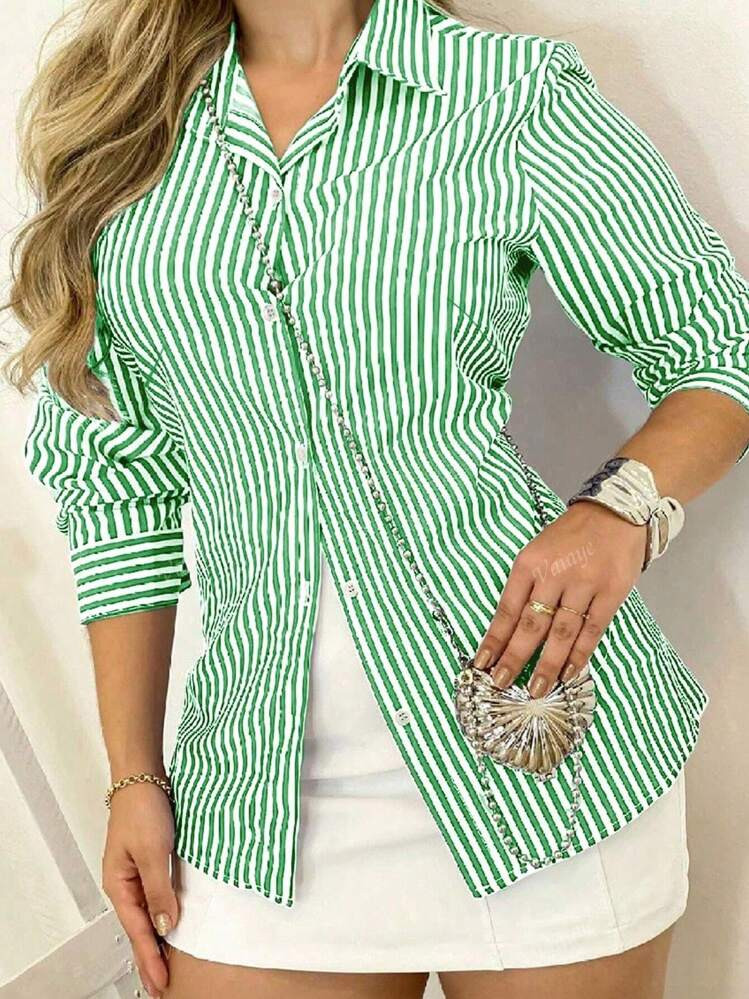 Vaiaye Striped Roll Up Sleeve Shirt Dress Button Front Long Sleeve Casual Dresses With Pockets | SHEIN