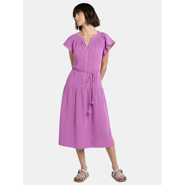 Time and Tru Women's Double Cloth Cotton Midi Dress, Sizes XS-XXXL | Walmart (US)