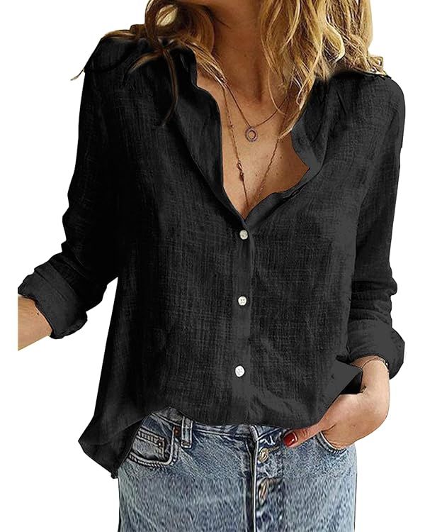 Astylish Womens V Neck Roll up Sleeve Button Down Blouses Tops | Amazon (US)