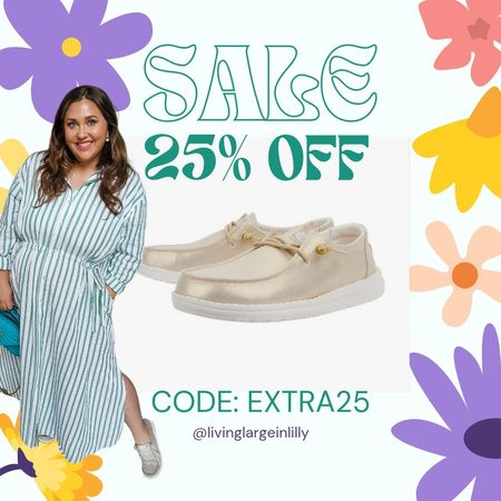 Code: extra25 for an additional 25% off ! I snagged the solid gold Hey Dudes bc I wear my current pair every single day and they're silver sparkly! #livinglargeinlilly #salealert 

#LTKshoecrush #LTKsalealert