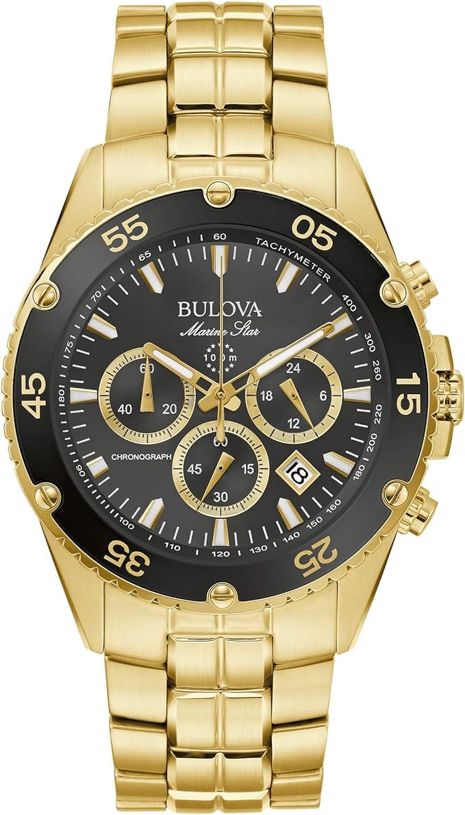 Bulova Men's Marine Star Gold Chronograph Stainless Steel Watch, Black Dial Style: 98B406 | Amazon (US)