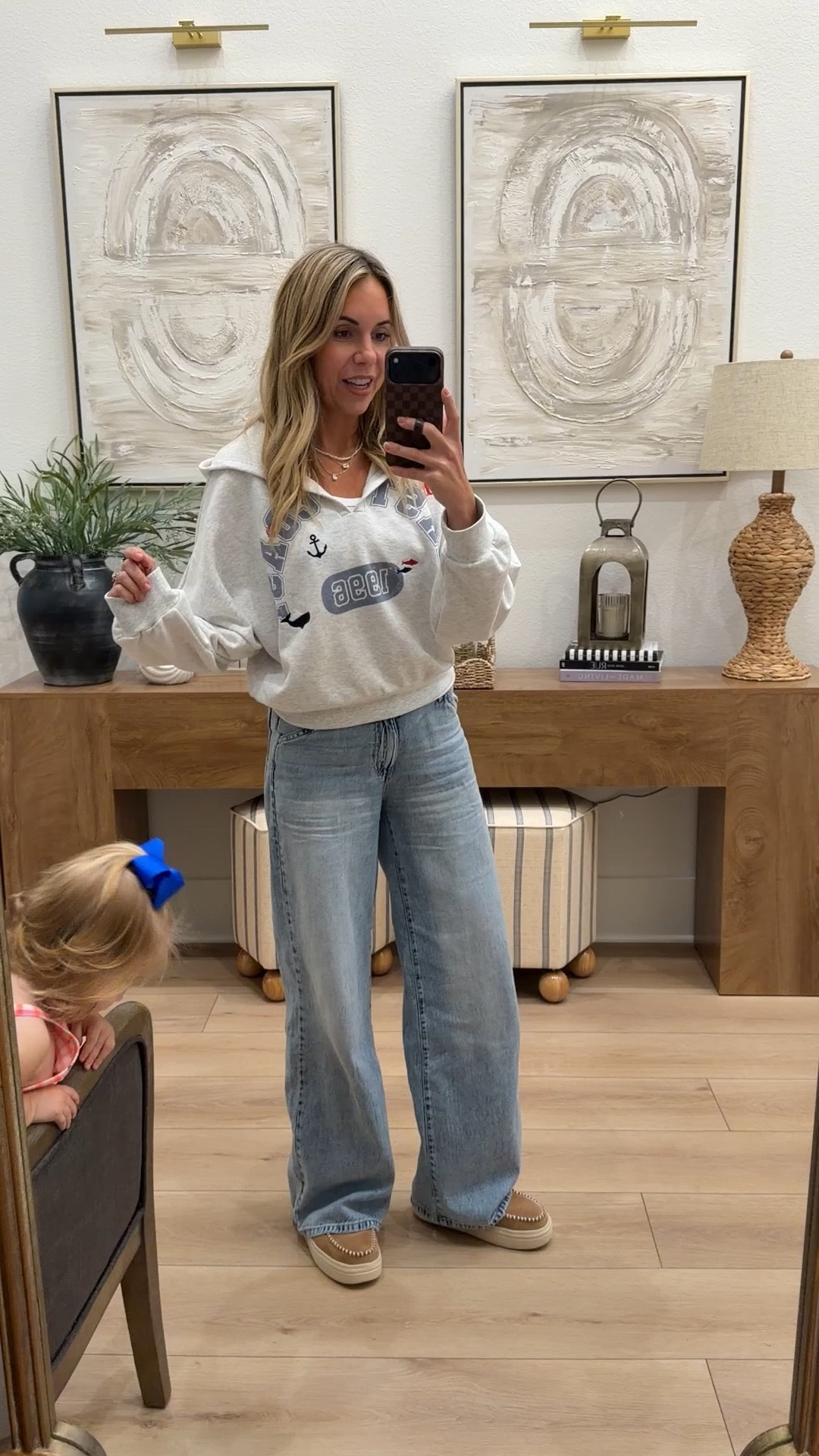 And the length is perfect! I’m 5’7 138lbs size 2/4 did the size 3. They will stretch some so you want them snug at first! love them so much because they’re the perfect baggy jean fit. Wide leg jeans, Walmart jeans, baggy jeans, nautical top, coastal fashion. 

#LTKootd #LTKgrwm #LTKmomlife