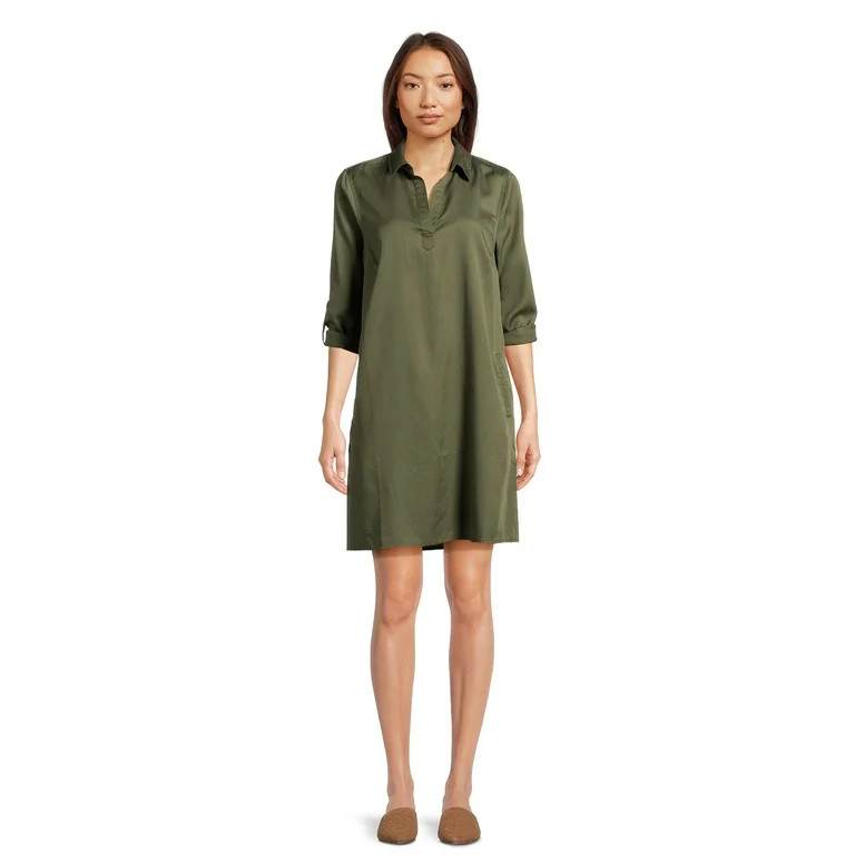 Time and Tru Women's Mini Shirt Dress with Sleeves, Sizes XS-3XL | Walmart (US)