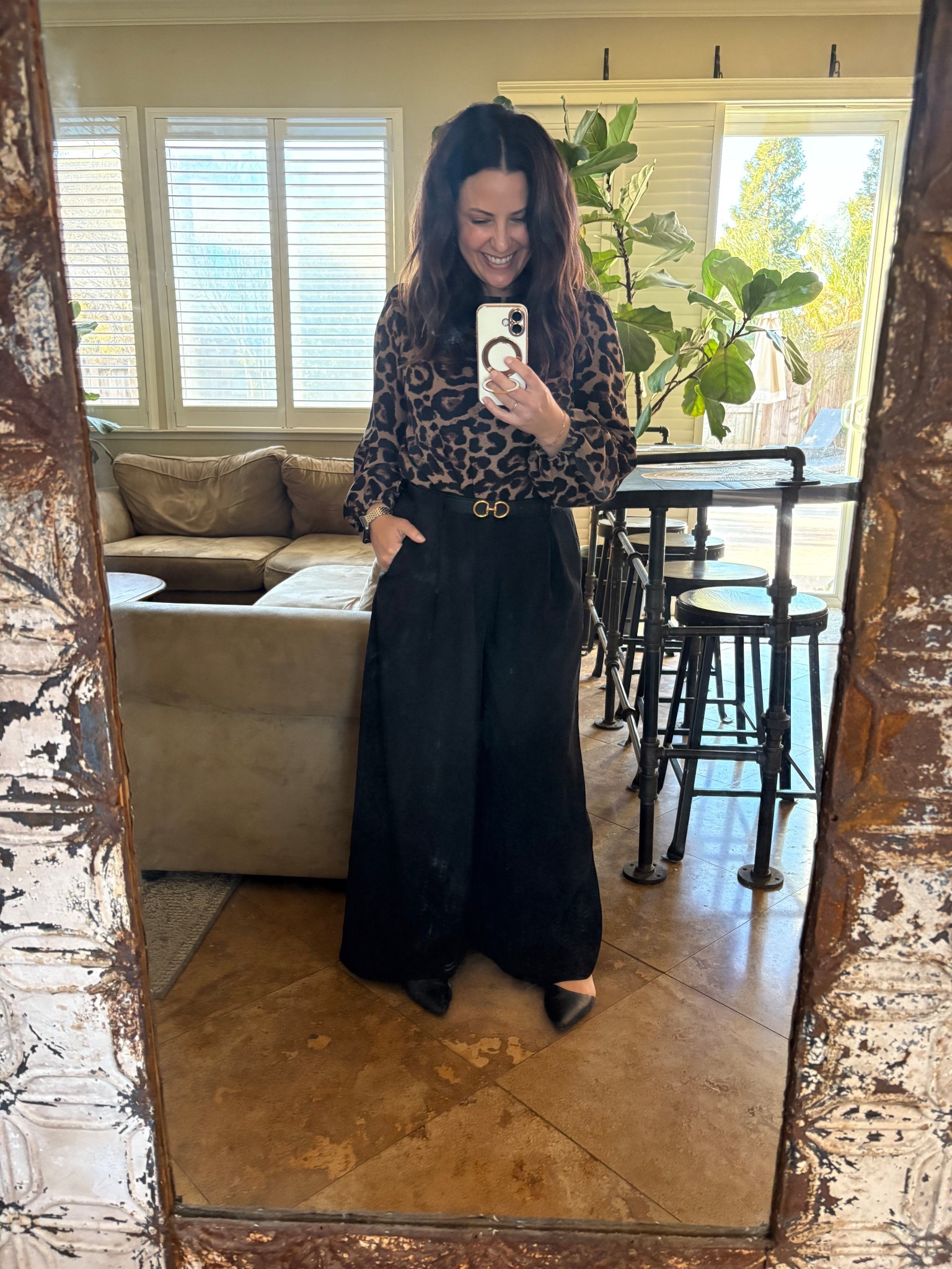 My work wear look without my jacket. Leopard top is old, linked some simple options. I cannot say enough good things about these trousers. They are wide leg, so comfortable, the back of the waist is elastic, but has a zipper and button tab front closure and functional front pockets. I’m wearing a small short. My flats have memory foam and are perfect for teaching.  My belt is reversible and super easy to switch out, the other side is tan. 

#LTKOver40 #LTKWorkwear #LTKPetite