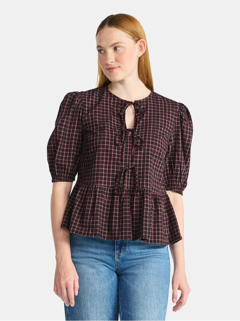 Time and Tru Women's Tie Front Peplum Top with Short Puff Sleeves, Size XS – XXXL | Walmart (US)