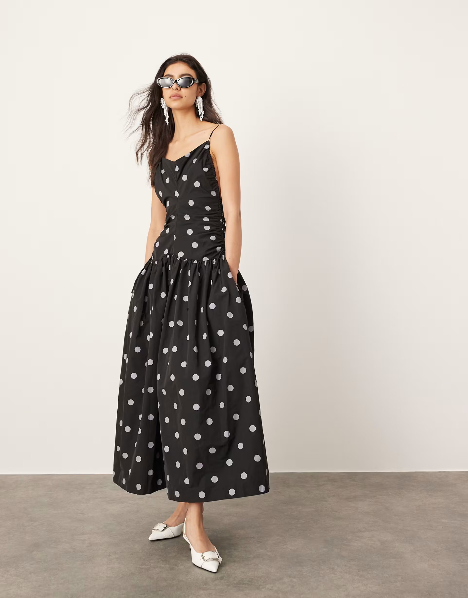 ASOS EDITION drawstring detail midi dress with dropped waist in spot print | ASOS (Global)