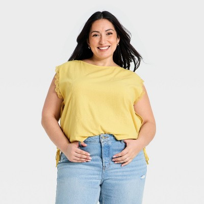 Women's Western Short Sleeve Embroidered Tie Top Blouse - Universal Thread™ Yellow 1X | Target