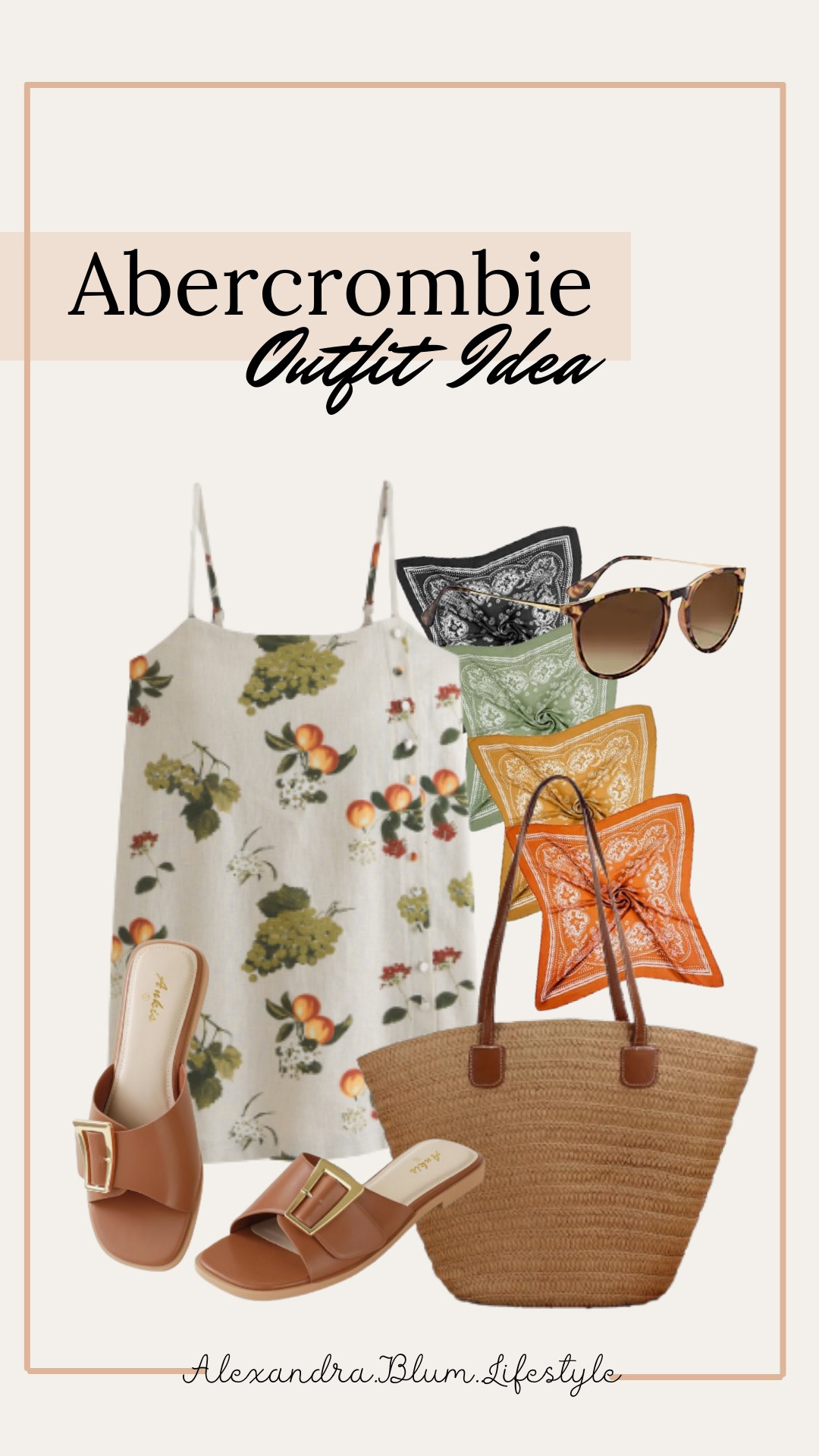 Cute vacation dress from Abercrombie! Mini peach print dress paired with natural tote bag, brown slide sandals, bandana, and brown sunglasses! Spring outfit! Summer outfit! Vacation outfit! Europe vacation outfit! 

#LTKSeasonal #LTKFindsUnder100 #LTKStyleTip