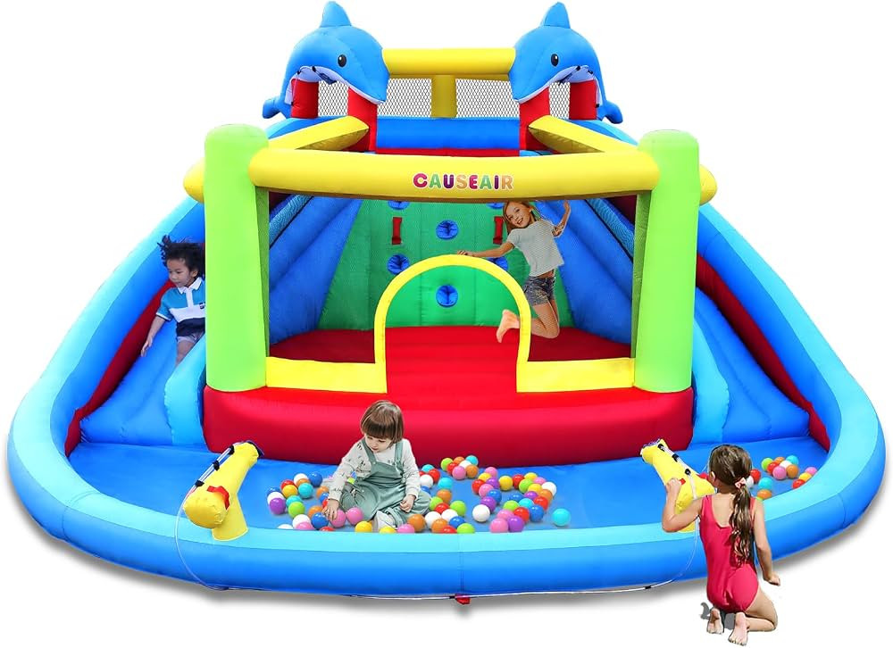 Inflatable Bounce House with Double Slide,Dolphin Styling,Splashing Pool,Double Water Cannon,Clim... | Amazon (US)