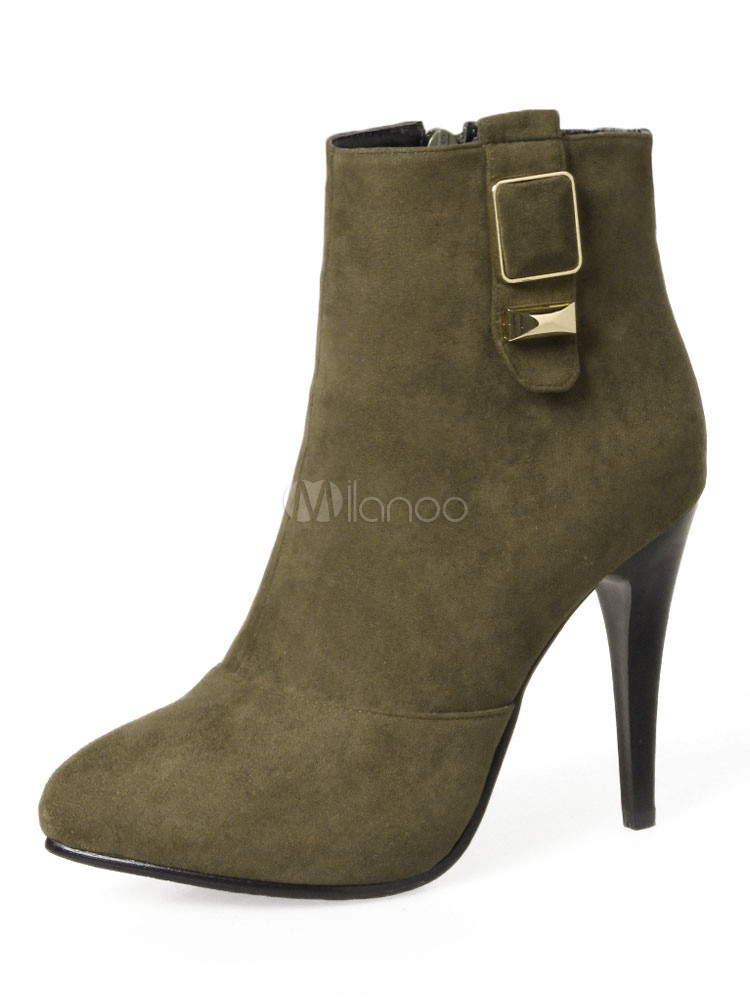High Heel Booties Women Ankle Boots Suede Hunter Green Pointed Toe Booties | Milanoo