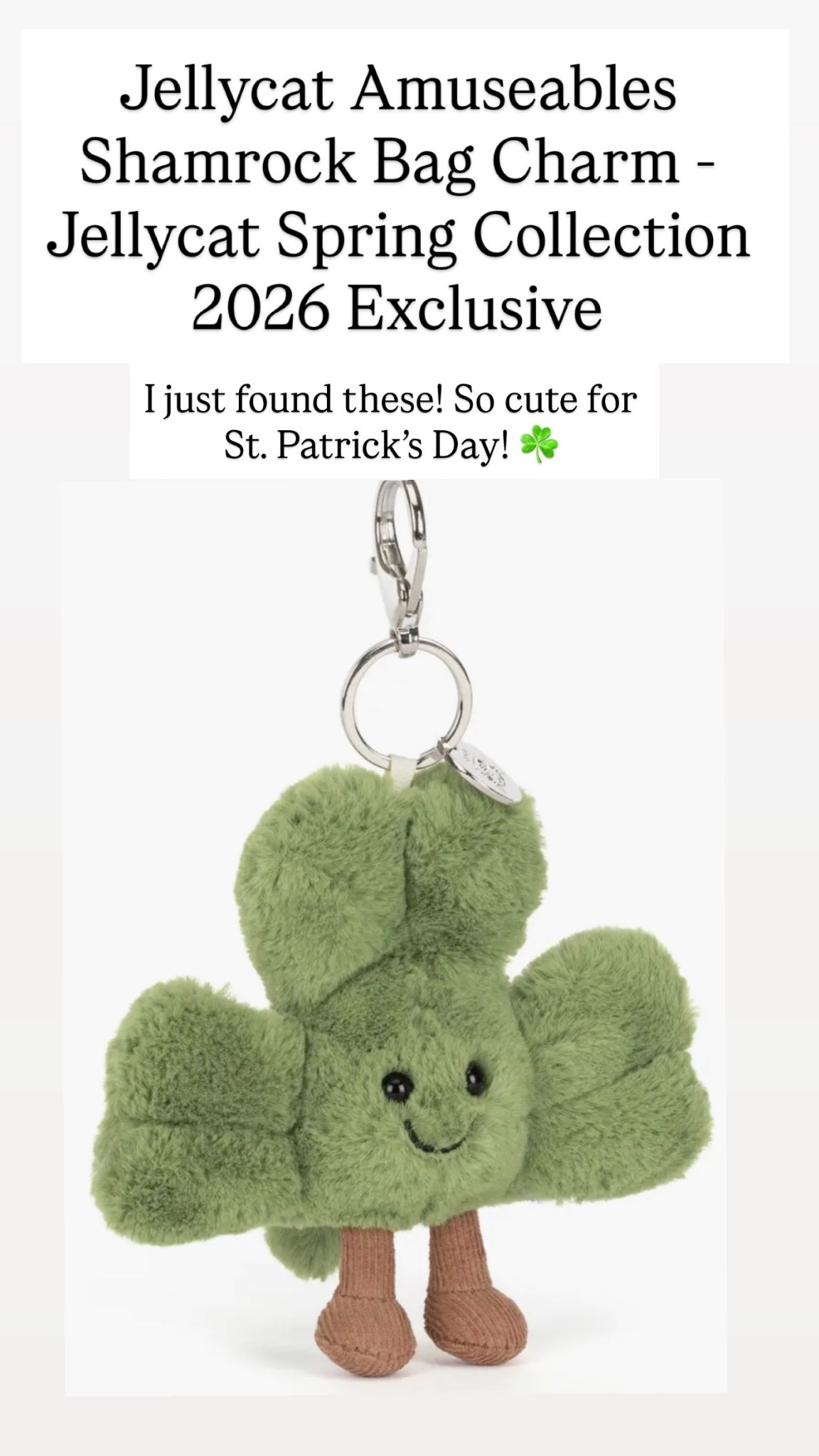 Jellycat Amuseables Siofra Shamrock Bag Charm - Jellycat Spring Collection 2026 Exclusive

#LTKSeasonal