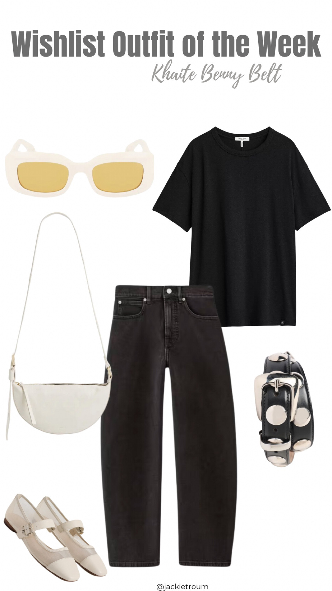If you’re feelin’ SPLURGE-Y, here’s this week’s Wishlist Outfit of the Week.

Black Barreled Jean: Everlane
Black Tee: Rag & Bone
White Mesh Flats: Sam Edelman
White Leather Crossbody: ALLSAINTS
White Sunglasses: Lanvin
Studded Belt: Khaite 

#LTKshoecrush #LTKitbag #LTKSeasonal