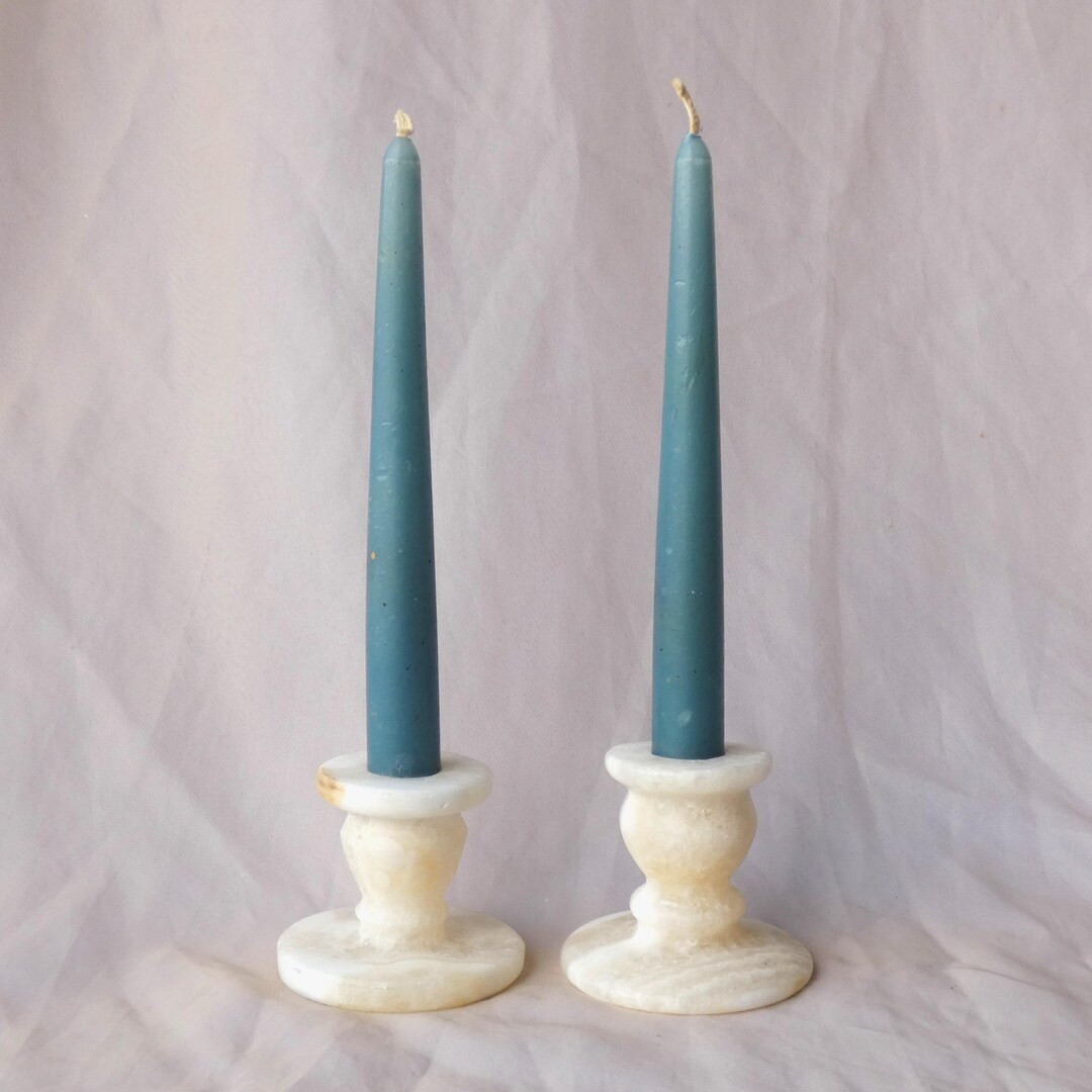 Pair of Carved White Alabaster Stone Candle Stick Holders Made in Egypt Vintage Handmade MCM Mid-... | Etsy (US)