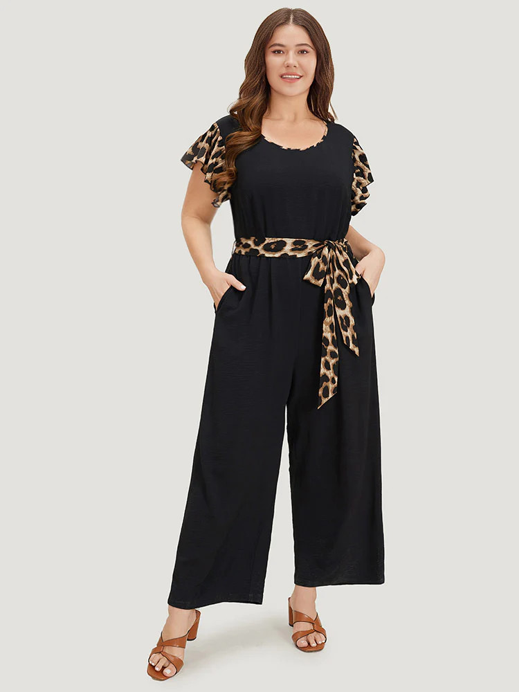 Leopard Patchwork Pocket Belted Ruffle Sleeve Jumpsuit | Bloomchic