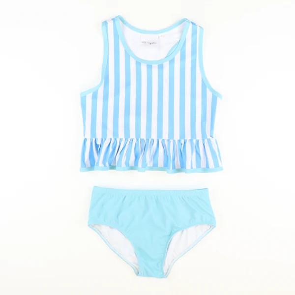 Cabana Blue Stripe Ruffle Peplum Two-Piece Swimsuit | Southern Smocked Co.