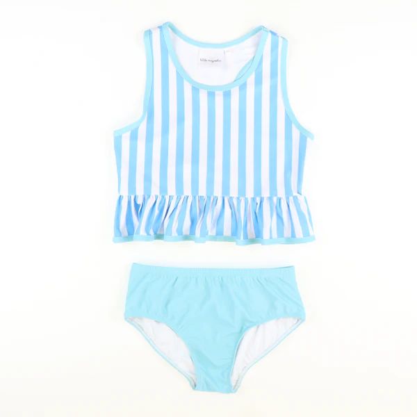 Cabana Blue Stripe Ruffle Peplum Two-Piece Swimsuit | Southern Smocked Co.