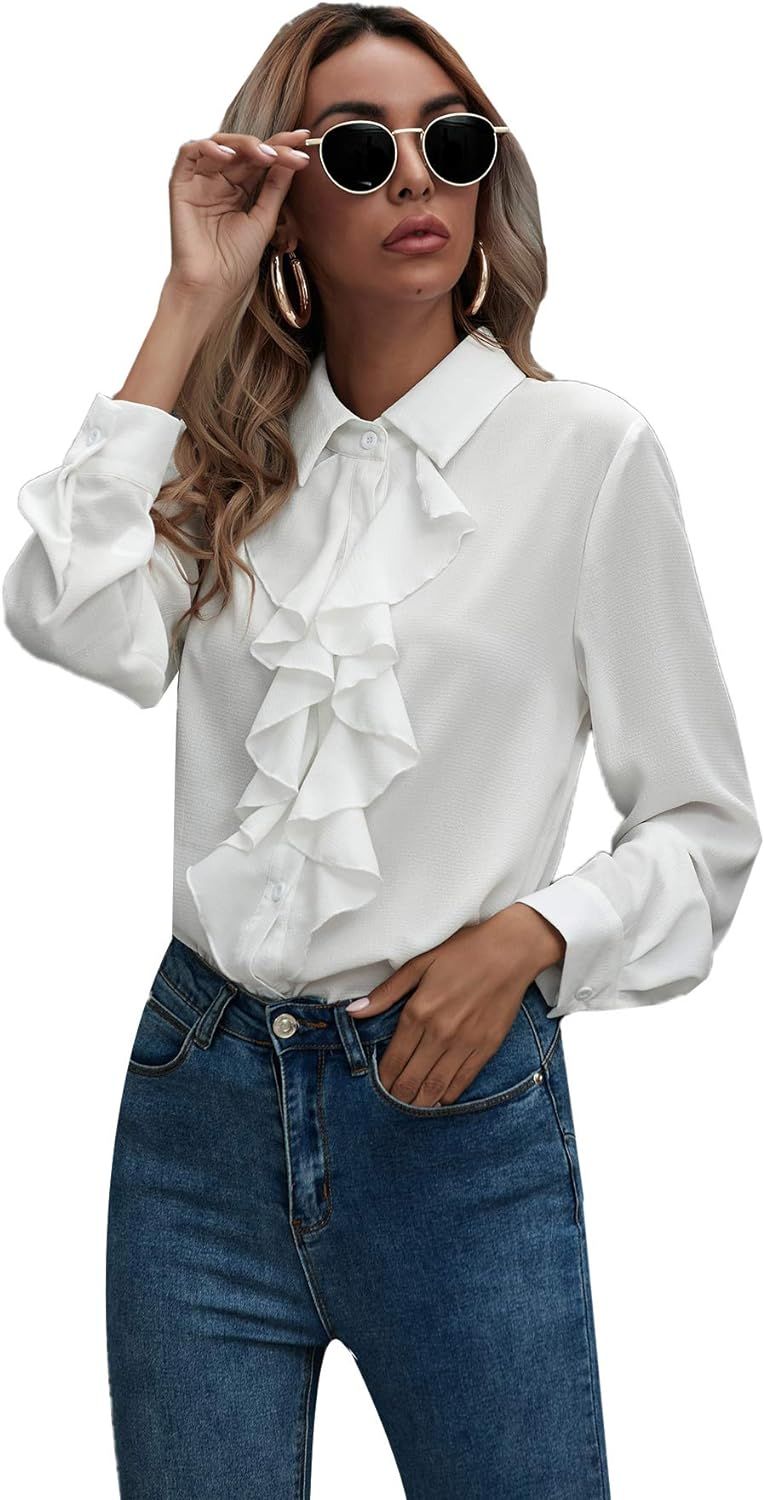 SheIn Women's Long Sleeve Button Down Lotus Ruffled Work Shirt Chiffon Blouse Tops | Amazon (US)