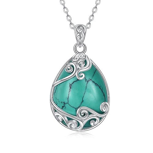 YAFEINI 925 Sterling Silver Turquoise Necklace Filigree Teardrop Pendant Necklace Turquoise Jewelry for Women (Q-Turquoise) | Amazon (US)