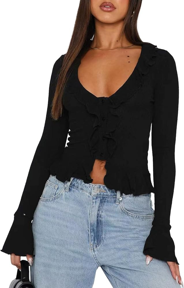 Women Y2k Shirts Long Sleeve Deep V Neck Ruffle Crop Tops Going Out Top Sexy Blouse Club Streetwe... | Amazon (US)