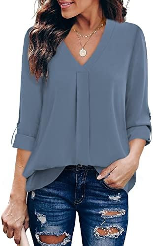 Youtalia Womens Blouses Dressy Casual Business Tops 3/4 Sleeve Chiffon V Neck Work Office Shirts | Amazon (US)