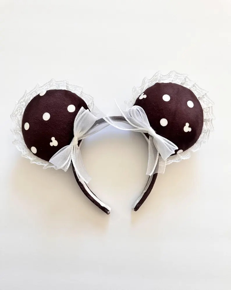 Brown Polka Dot Coquette Ears with Lace Trim, Handmade Mouse Ears | Etsy (US)