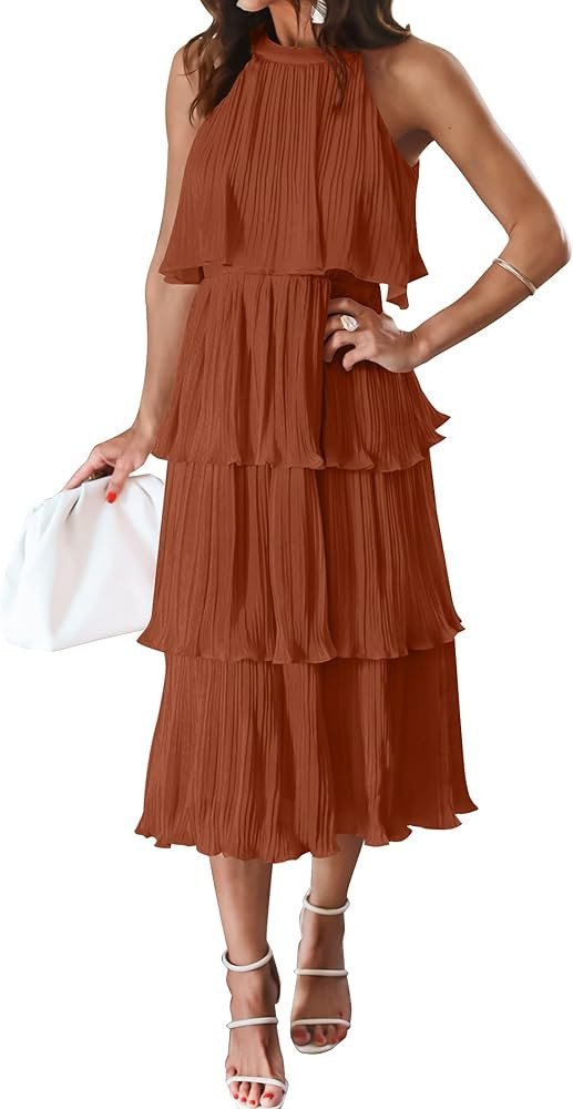 Women's 2023 Summer Sleeveless Halter Neck Ruffle Tiered Layed Chiffon Flowy Swing Long Midi Dres... | Amazon (US)