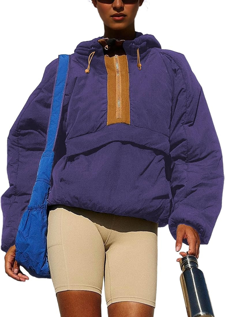 Womens Crew Neck Pullover Puffer Long Sleeve Loose Jacket Half Zip Hooded Coat with Drawstring | Amazon (US)