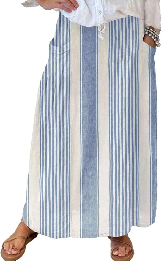 chouyatou Women's Vertical Striped High Waist Maxi Skirt Vintage Floral Cotton Long Skirt with Po... | Amazon (US)