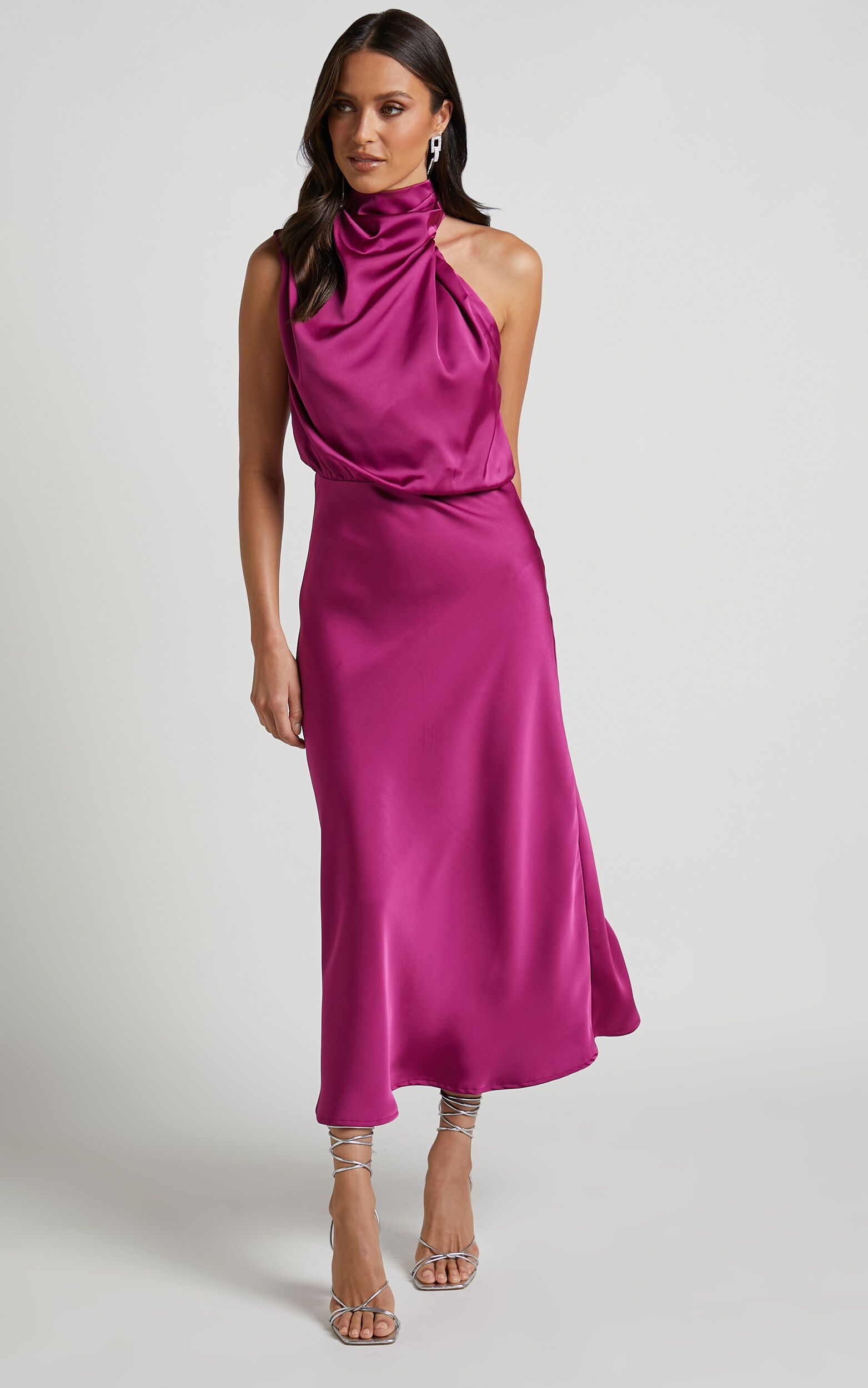 Minnie Midi Dress - Drape Neck Satin Slip Dress in Purple | Showpo (US, UK & Europe)