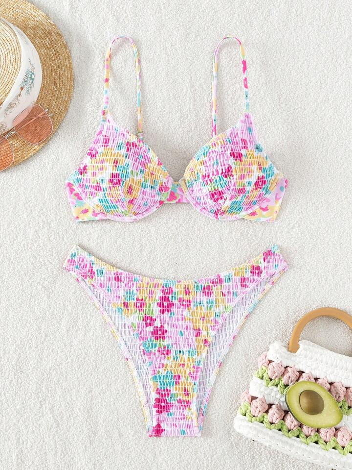 SHEIN Swim Mod Summer Beach Floral Print Smocked Underwire Bikini Set | SHEIN