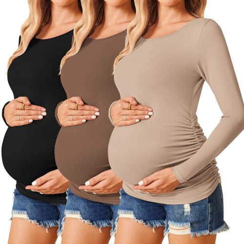 Ekouaer Women Maternity Tee Shirts 3 Packs Long Sleeve Pregnancy Tshirt Tee Tops Tunic Mom Clothes Black/Brown/Khaki XL | Amazon (US)