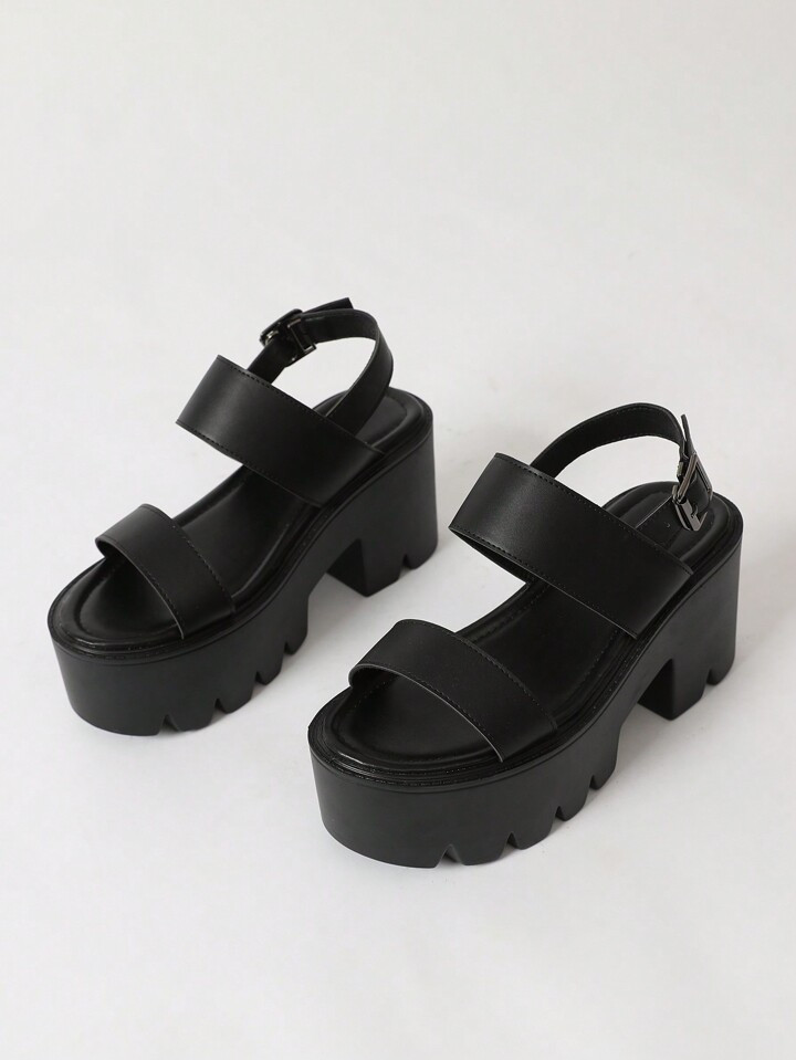 Women Black Minimalist Platform Slingback Sandals, Open Toe Punky Chunky Sandals For Daily | SHEIN
