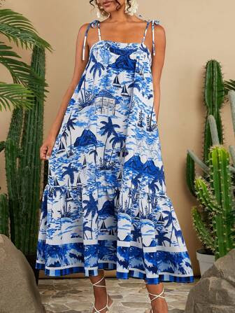 SHEIN TRVLCHIC Vacation Style Spring Summer Blue & White Landscape Printed Spaghetti Strap Dress ... | SHEIN