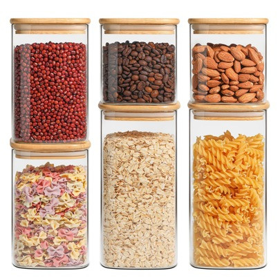 ComSaf Airtight Glass Storage Canister with Bamboo Lid (22oz/37oz/50oz) Set of 6, Clear Food Storage Container Kitchen Pantry Storage Jar for Flour Ce | SHEIN