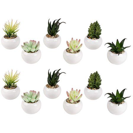Mini Potted Succulents - 12-Pack Miniature Fake Faux Plants in Round Ceramic Planter Pot, Green Arti | Walmart (US)