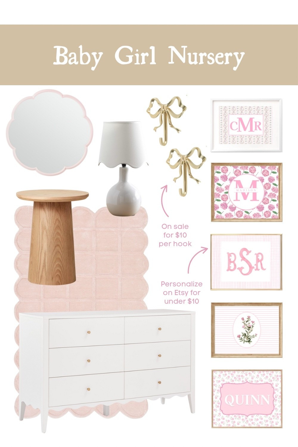 Baby girl nursery. Girls nursery. Baby girl room decor. Classic girl room. Classic girl nursery. Gingham nursery. White dresser. Scalloped mirror. Bow hooks. Floral nursery theme. Pink girl nursery.