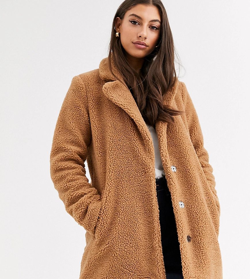 Vero Moda Tall longline teddy coat in brown | ASOS (Global)