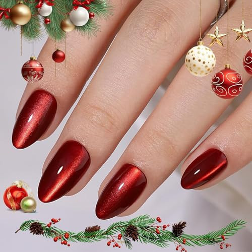 CUZIAM Red Magnet Cat Eyes Press on Nails Short Almond, Aurora Mirror Chrome Red Soft Gel Stick on Nails with Glue, 32pcs 16 Sizes Glossy Glitter Reusable Easy Salon Nail Manicure for Women Girls | Amazon (US)