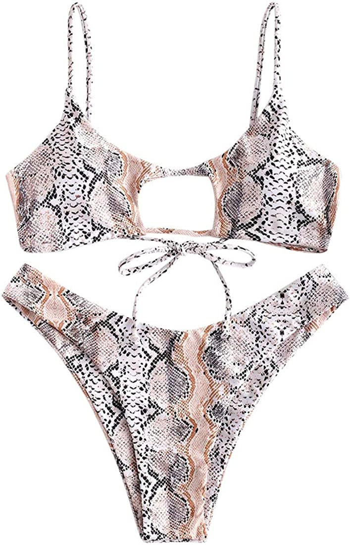 ZAFUL Women's Snakeskin Print Swimsuit High Cut Bikini Set Straps Two Piece Bathing Suit (L, Came... | Amazon (US)