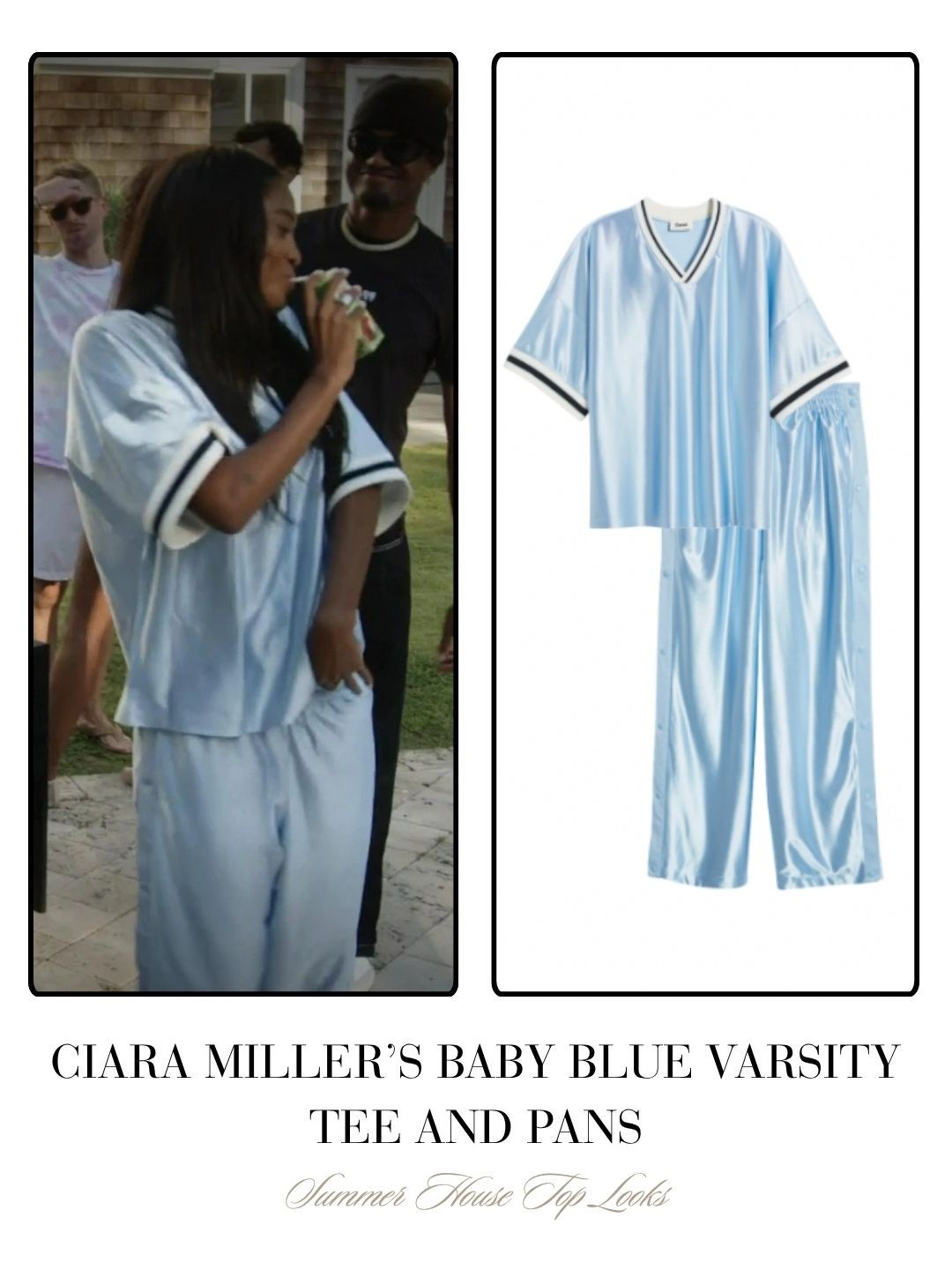 Ciara Miller’s Baby Blue Varsity Tee and Pants 