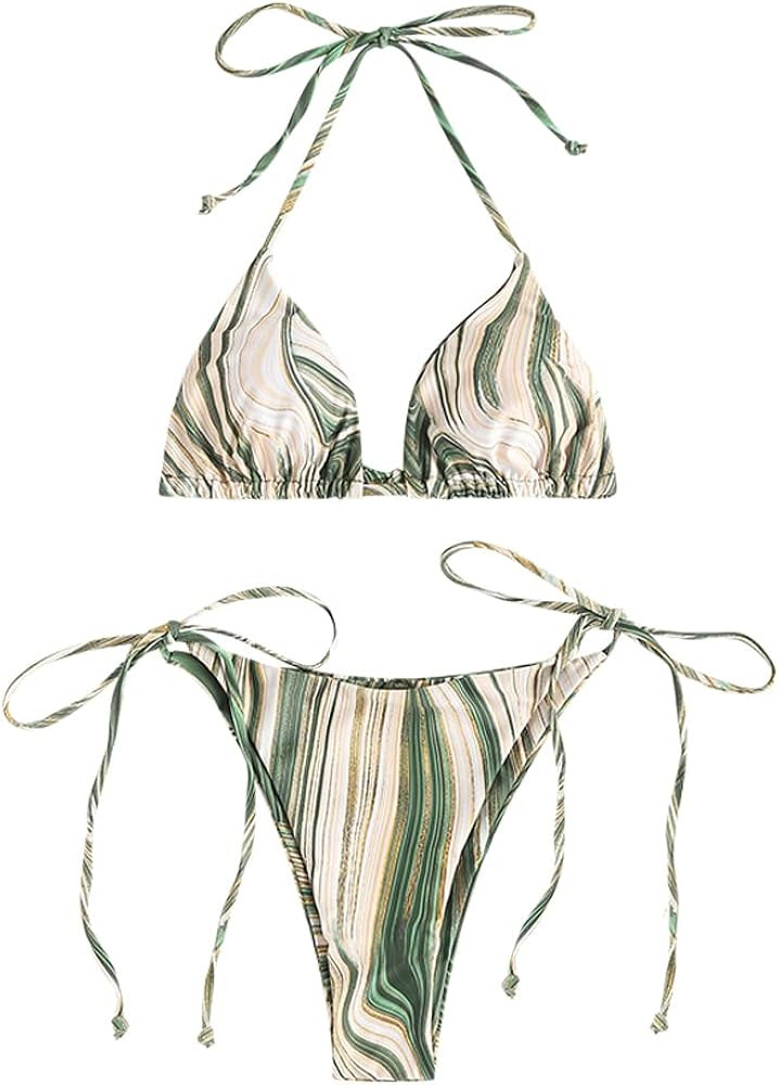 ZAFUL Women's Crinkle Halter Triangular Textured Solid Two Piece Bikini Set Swimwear | Amazon (US)