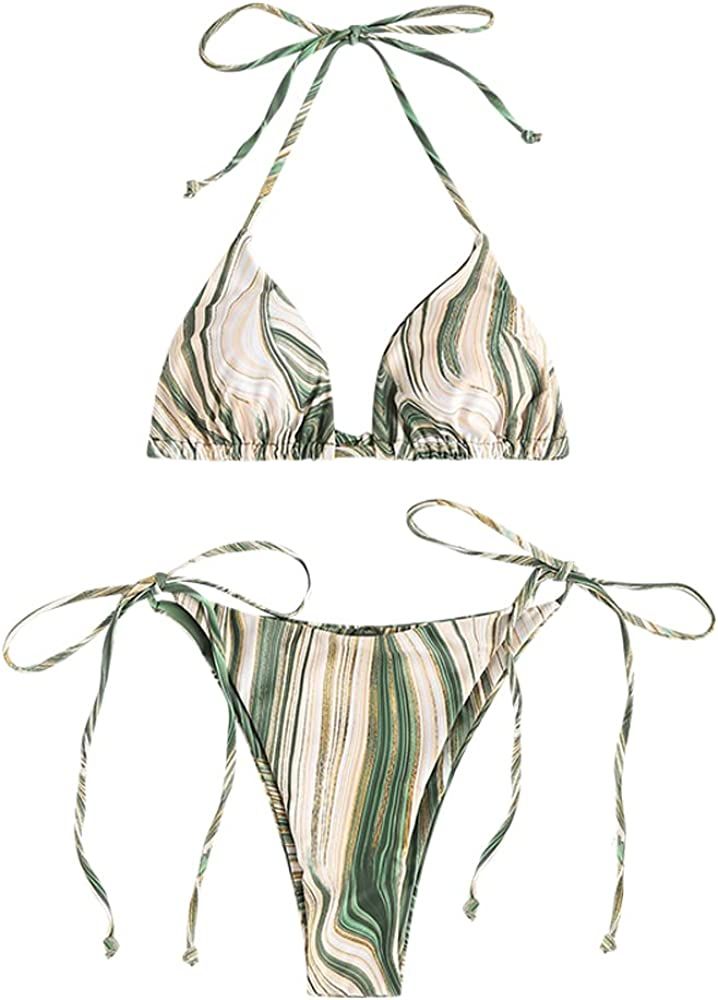ZAFUL Women's Crinkle Halter Triangular Textured Solid Two Piece Bikini Set Swimwear | Amazon (US)