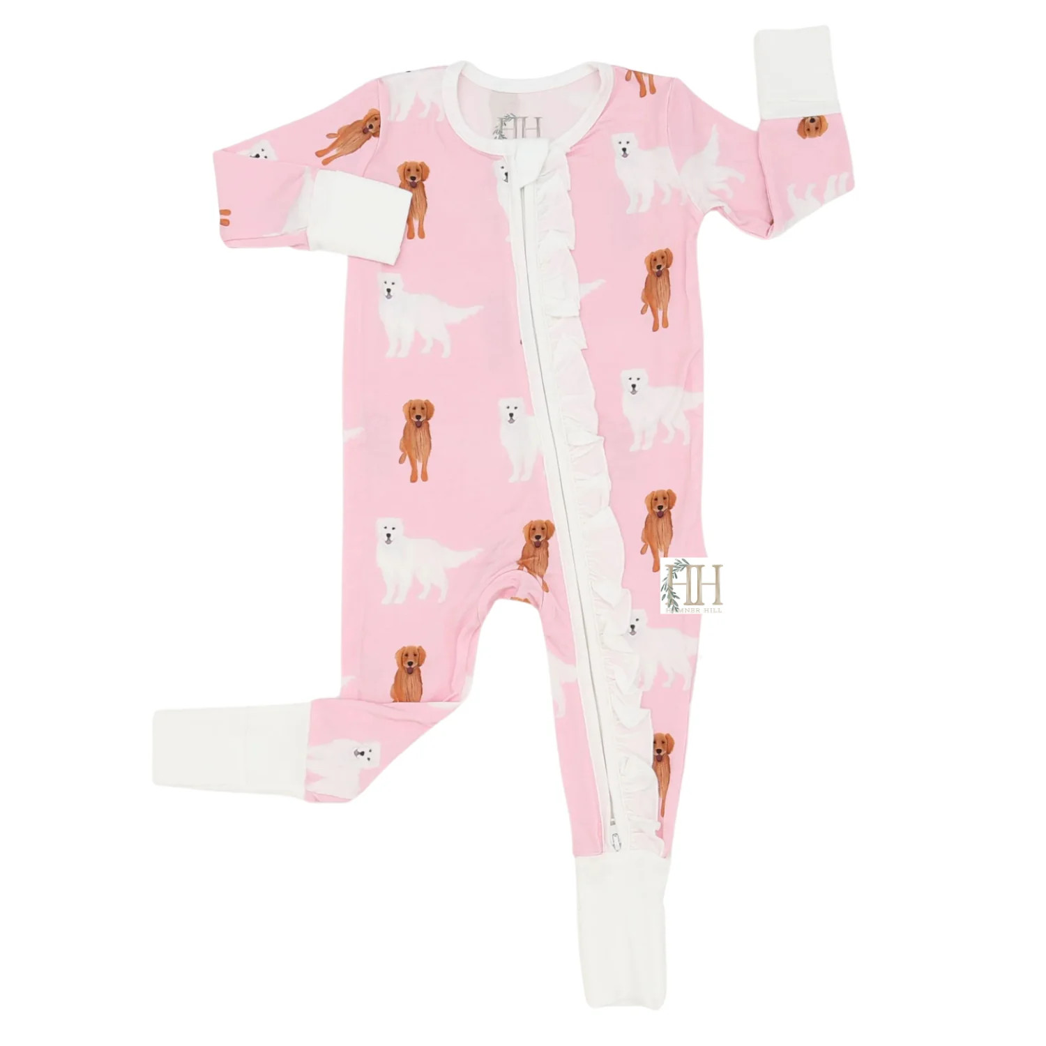 Girls Golden Retriever Ruffle Double Zipper Romper | Hamner Hill