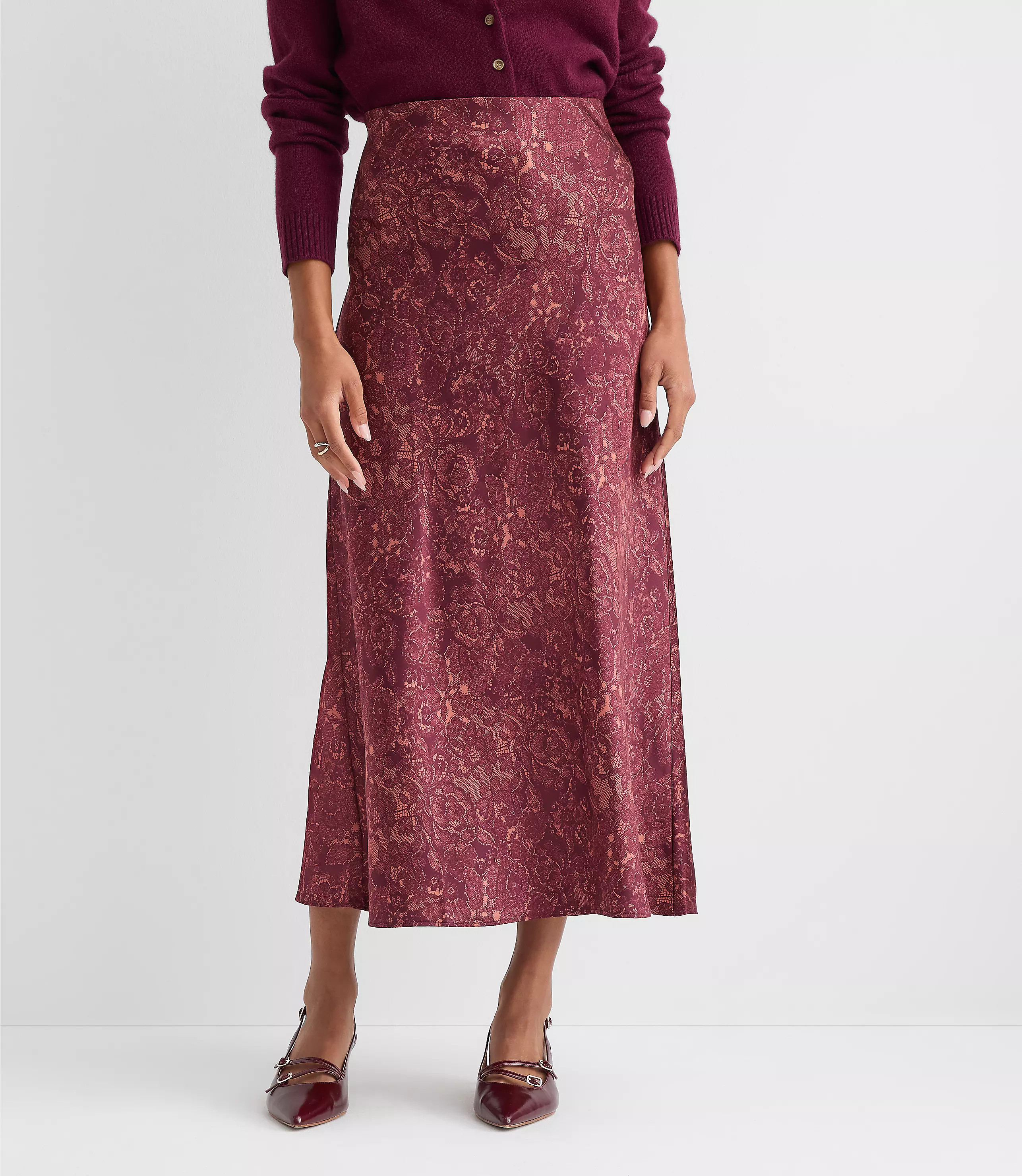 Petite Floral Lace Print Satin Bias Maxi Skirt | LOFT