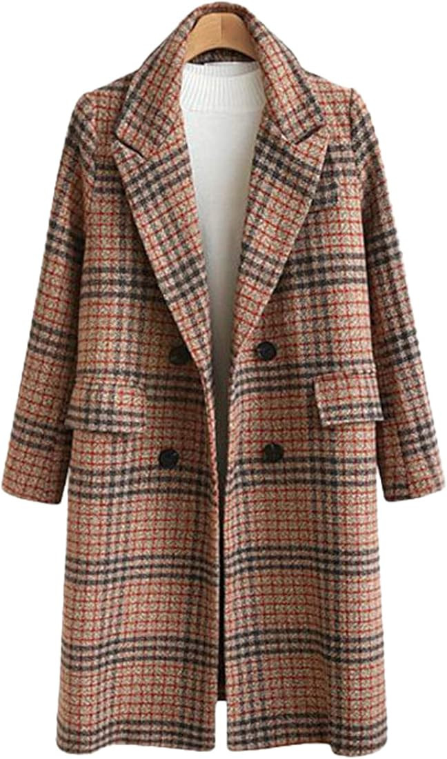 chouyatou Women's Classic Notched Collar Double Breasted Plaid Wool Blend Long Trench Coat | Amazon (US)