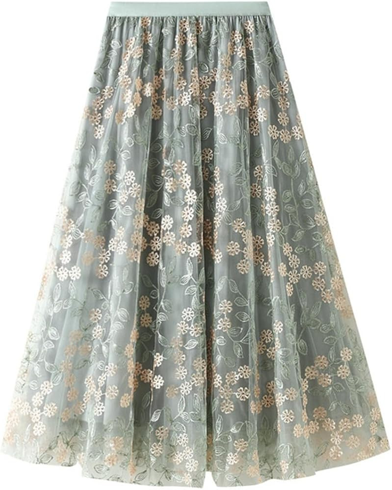 Women's Floral Embroidery Print Mesh Elastic High Waist A-Line Midi Fairy Skirt Tulle Pleated Lay... | Amazon (US)