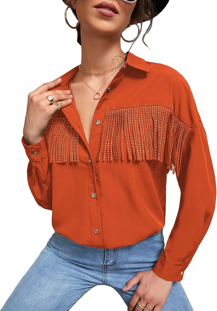 SweatyRocks Women's Long Sleeve Button Front Chiffon Blouse Fringe Trim Shirt Top | Amazon (US)